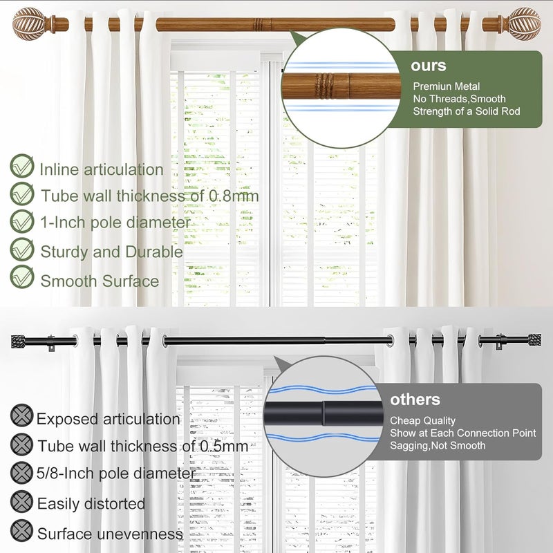 HTZON Wood Boho Curtain Rods for Windows:Wooden Farmhouse Decorative Curtain Rod for Bedroom Living Room,Heavy Duty Adjustable Rustic Bamboo Drapery Rods with Imitation Wood Grain Finials,Brown 18-60" - Image 4